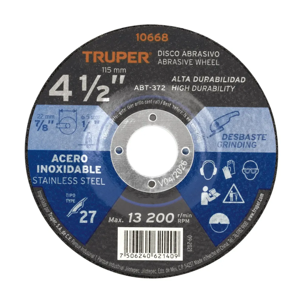 Disco Tipo 27 de 4-1/2' x 6.5 mm desbaste acero inoxidable 10668 ABT-372 Truper
