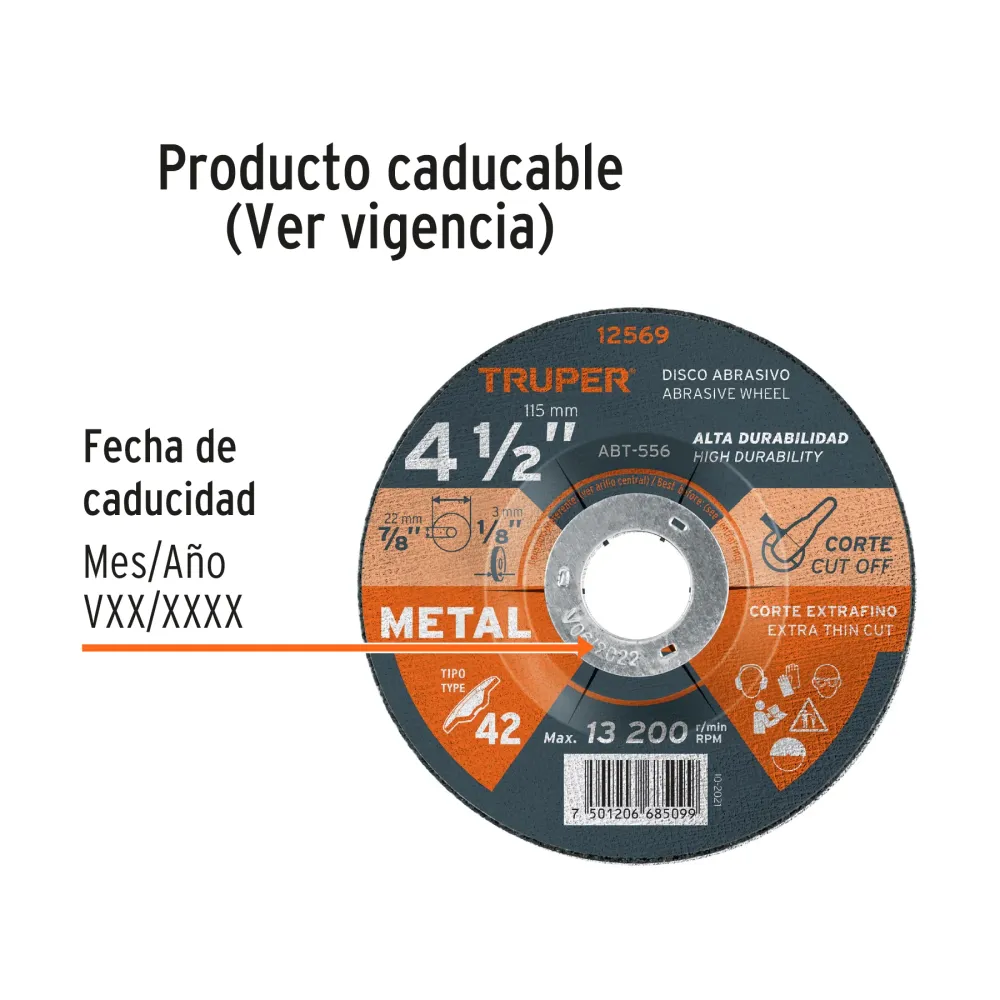 Disco Tipo 42 de 4-1/2' x 3.2 mm para corte de metal, Truper 12569 ABT-556