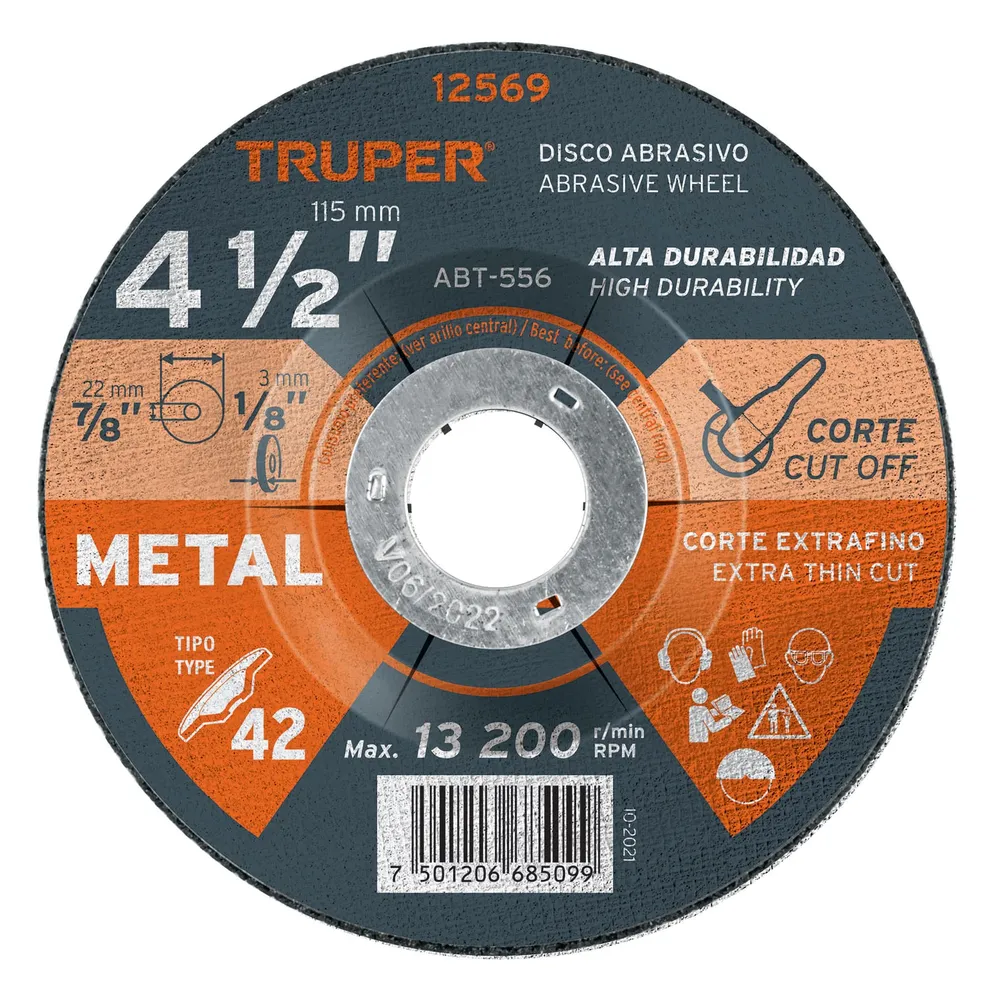 Disco Tipo 42 de 4-1/2' x 3.2 mm para corte de metal, Truper 12569 ABT-556