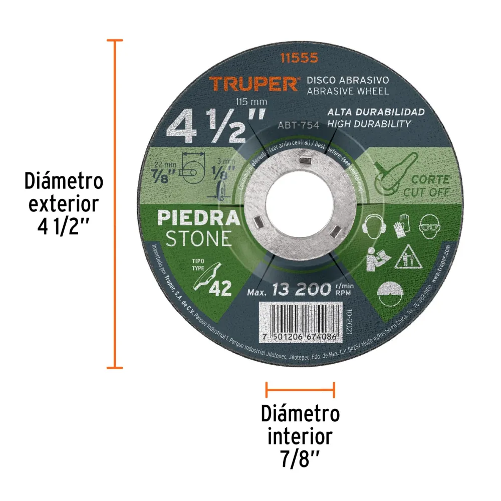 Disco Tipo 42 de 4-1/2' x 3.2 mm para corte de piedra 11555 ABT-754 Truper