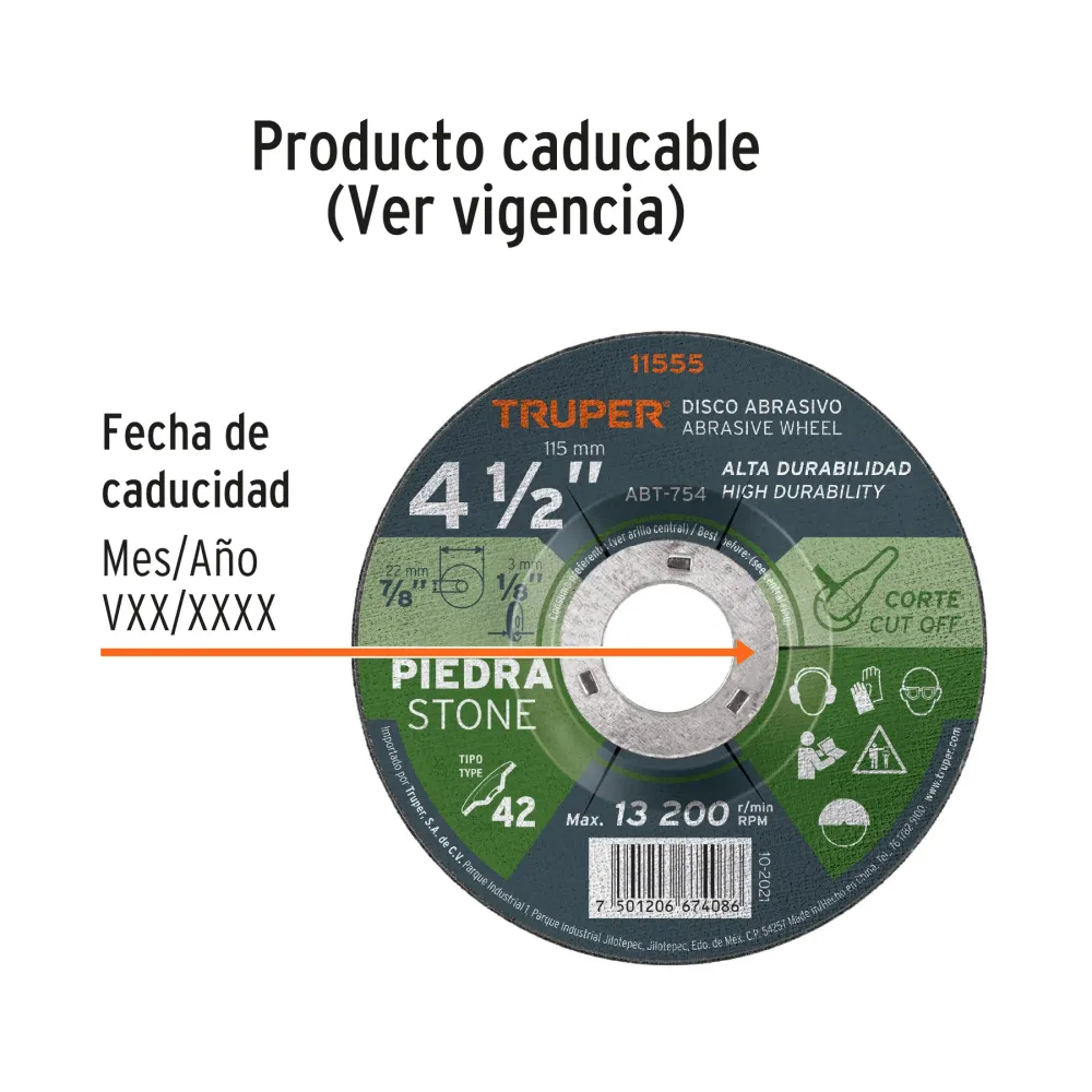 Disco Tipo 42 de 4-1/2' x 3.2 mm para corte de piedra 11555 ABT-754 Truper