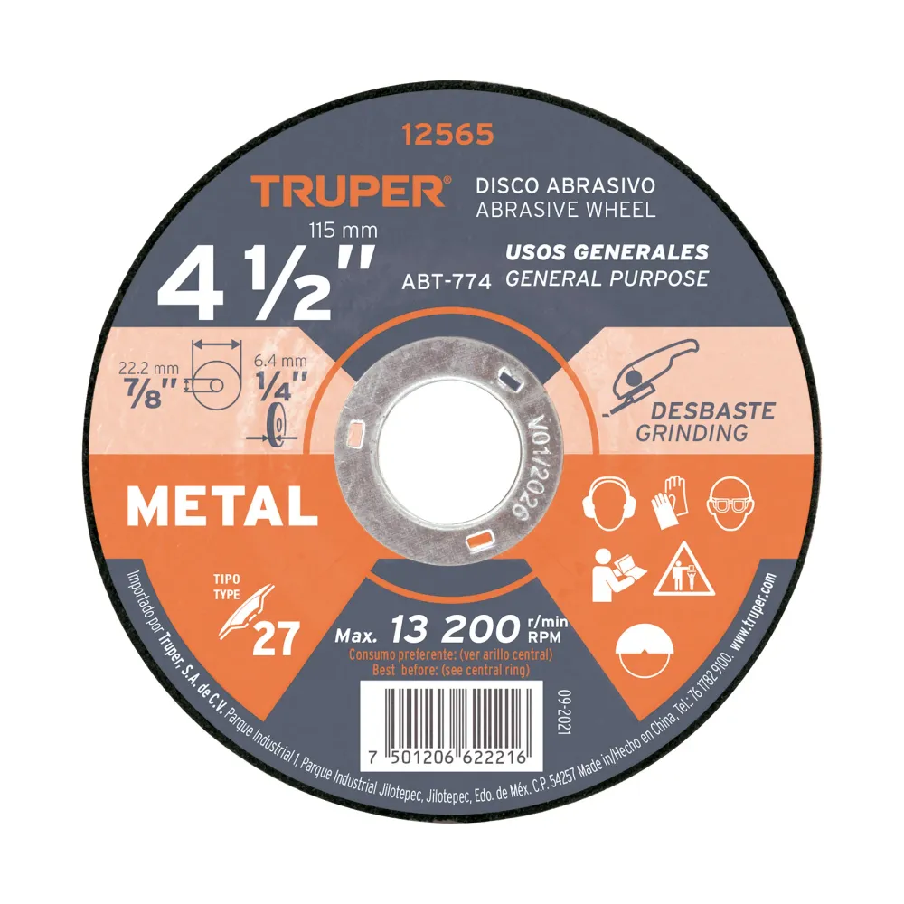 Disco Tipo 27 de 4-1/2' x 6.4 mm para desbaste de metal 12565 ABT-774 Truper
