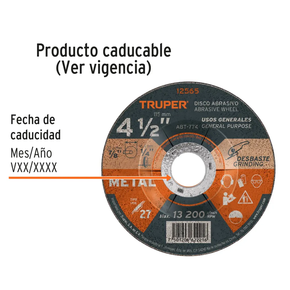 Disco Tipo 27 de 4-1/2' x 6.4 mm para desbaste de metal 12565 ABT-774 Truper