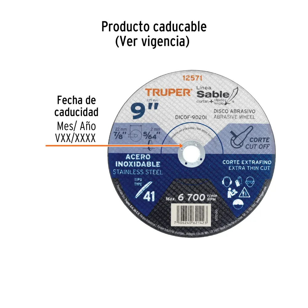 Disco Tipo 41 de 9' x 2 mm corte fino acero inox, Sable 12571 DICOF-9020I Truper