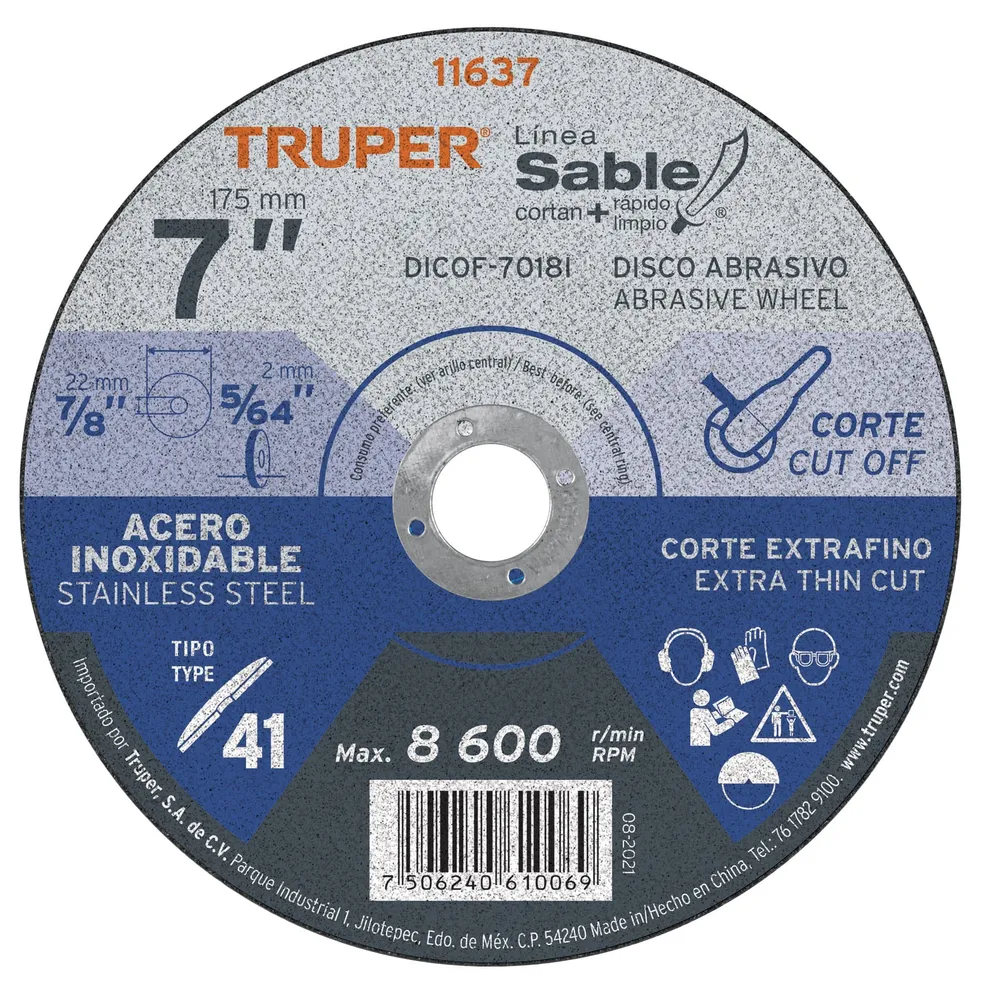 Disco Tipo 41 de 7' x 1.8 mm corte fino acero inox, Sable 11637 DICOF-7018I Truper