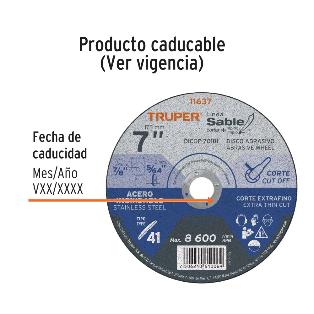 Disco Tipo 41 de 7' x 1.8 mm corte fino acero inox, Sable 11637 DICOF-7018I Truper