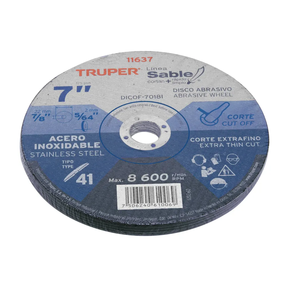 Disco Tipo 41 de 7" x 1.8 mm corte fino acero inoxidable Sable Truper