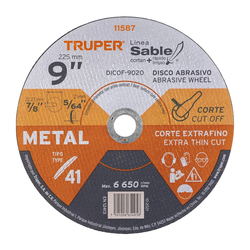 Disco Tipo 41 de 9' x 2 mm corte fino de metal, Sable 11587 DICOF-9020 Truper