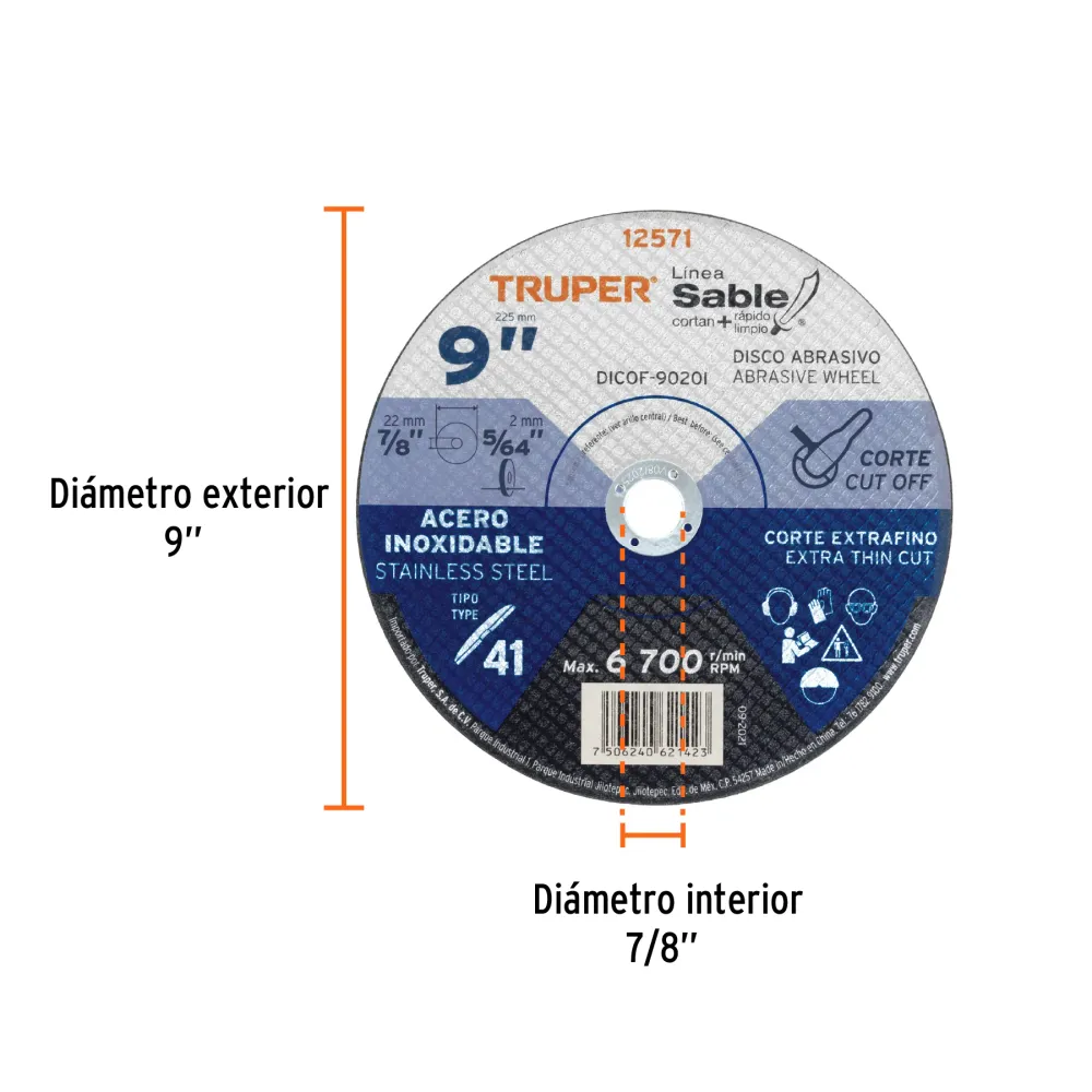 Disco Tipo 41 de 9' x 2 mm corte fino de metal, Sable 11587 DICOF-9020 Truper