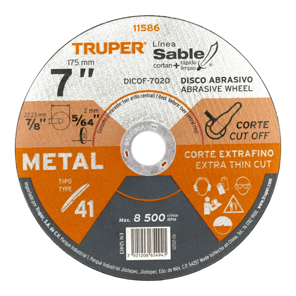 Disco Tipo 41 de 7' x 2 mm corte fino de metal, Sable 11586 DICOF-7020 Truper