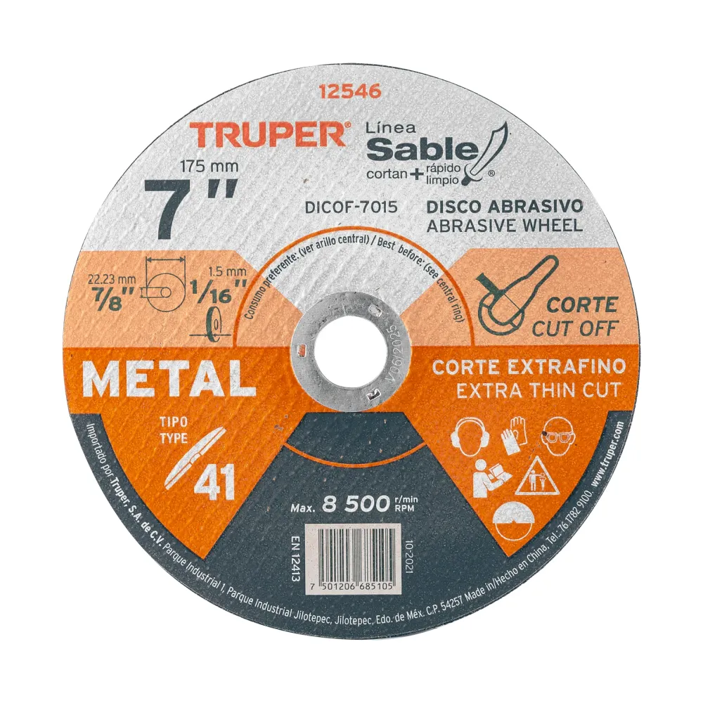 Disco Tipo 41 de 7' x 1.5 mm corte fino de metal, Sable 12546 DICOF-7015 Truper