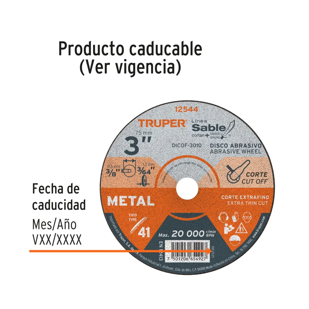 Disco Tipo 41 de 3' x 1 mm corte fino de metal, Sable 12544 DICOF-3010 Truper
