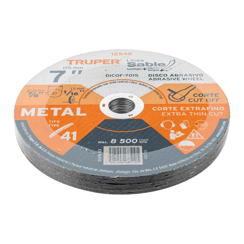 Disco Tipo 41 de 7" x 1.5 mm corte fino de metal, Sable Truper