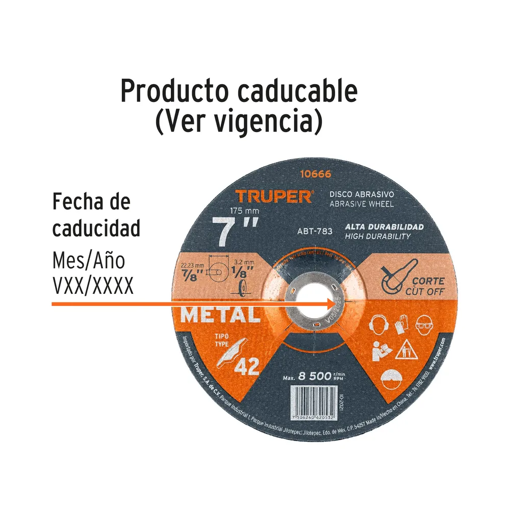 Disco Tipo 42 de 7' x 3.2 mm para corte de metal, Truper 10666 ABT-783