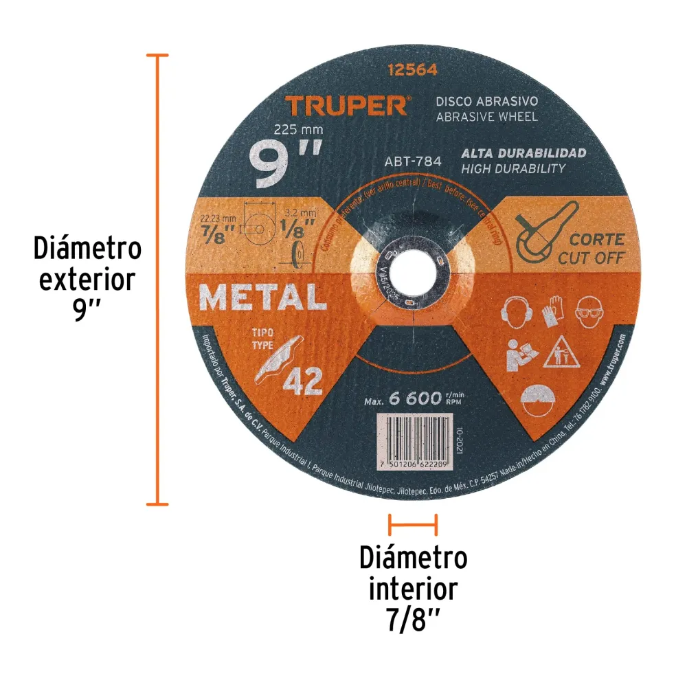 Disco Tipo 42 de 9' x 3.2 mm para corte de metal, Truper 12564 ABT-784
