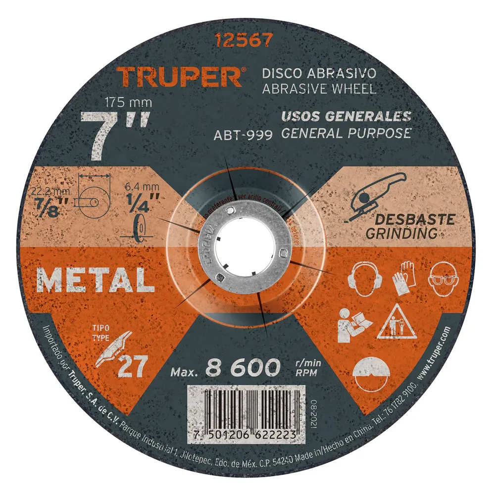 Disco Tipo 27 de 7' x 6.4 mm para desbaste de metal, Truper 12567 ABT-999