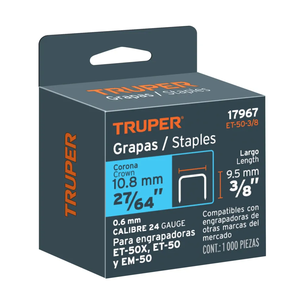 Grapa para madera 3/8" calibre 24 x 1000 pzas Truper