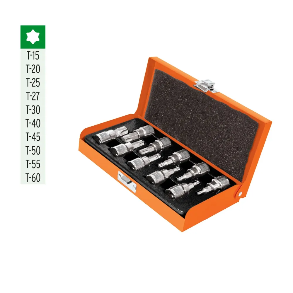 Juego de 10 dados cuadro 3/8" punta torx, estuche metálico Truper