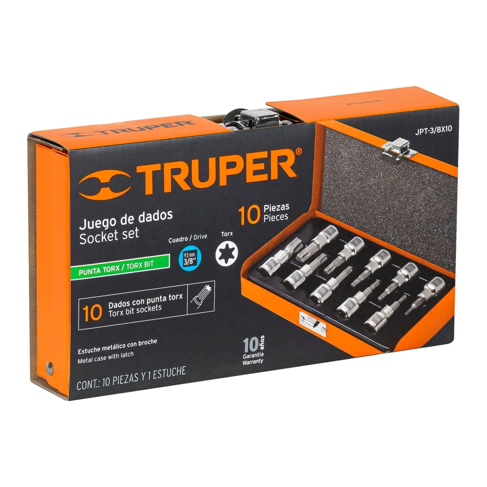 Juego de 10 dados cuadro 3/8" punta torx, estuche metálico Truper