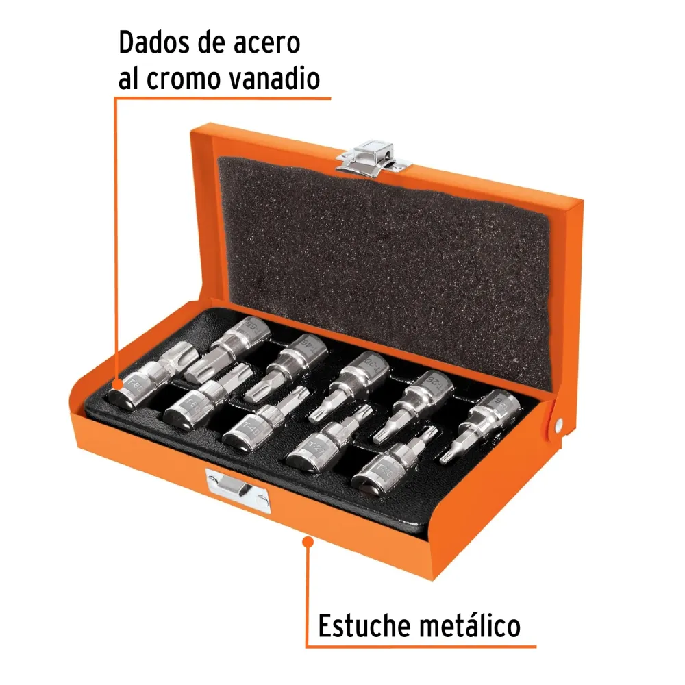 Juego de 10 dados cuadro 3/8" punta torx, estuche metálico Truper
