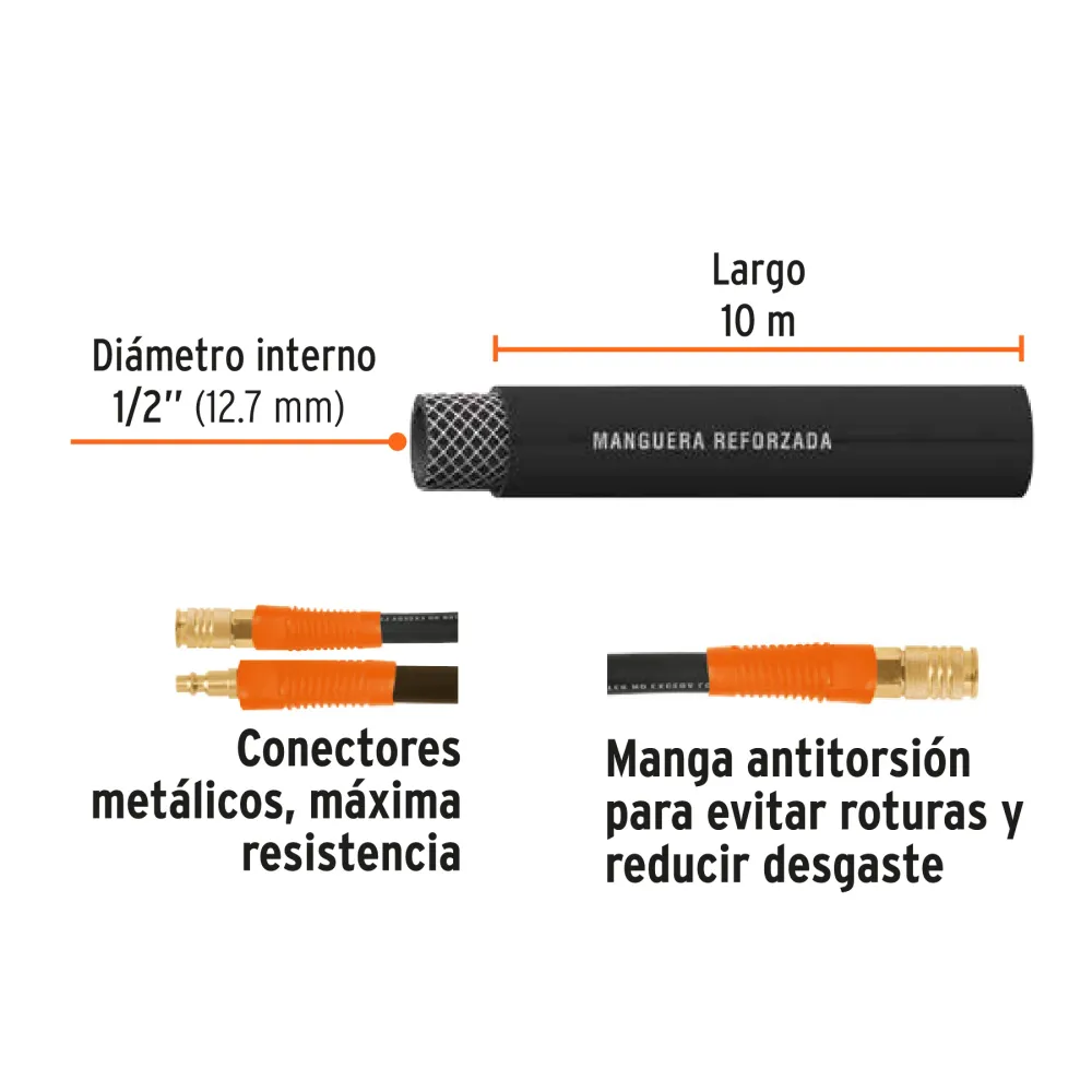 Manguera para compresor, de hule, 10m x 1/2', Truper Código: 17085