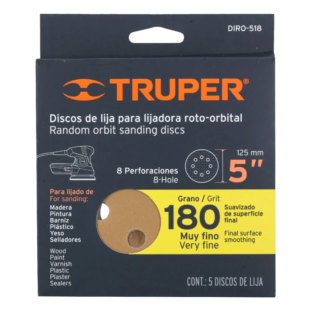 Paquete con 5 discos de lija 5" grano 180, 8 perforaciones Truper