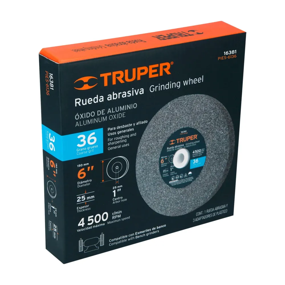 Rueda abrasiva para esmeril 6"x25mm, óxido aluminio, grano 36 Truper