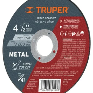 Truper ABT-786 Disco para corte de metal, tipo 41, diámetro 4-1/2'