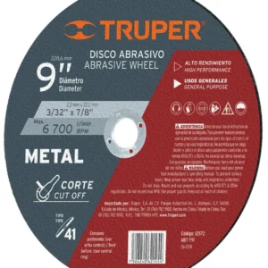 Truper ABT-791 Disco p/corte de metal, tipo 41, diámetro 9', usos generales