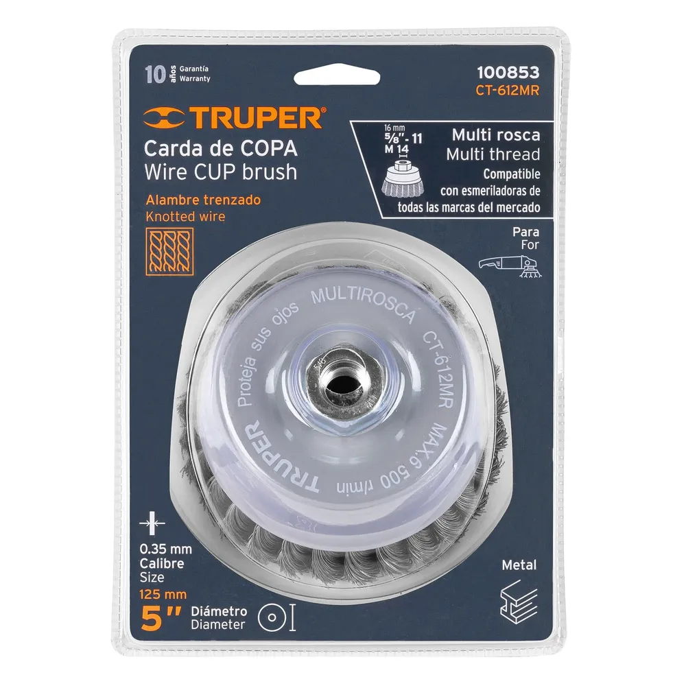 Truper CT-612MR Carda copa 5' alambre trenzado fino, Multi-rosca, Truper