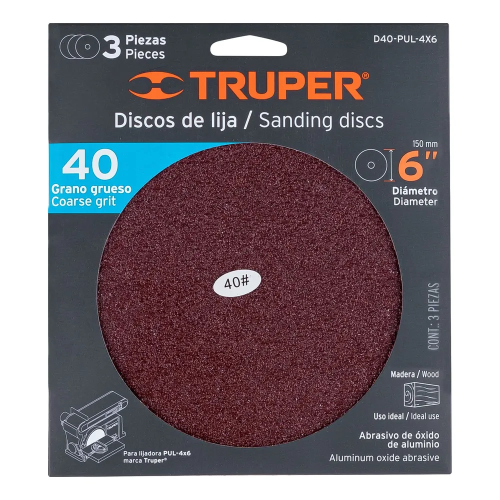Truper D40-PUL-4X6 Disco grano 40 para lijadora PUL 4x6, funda con 3 pzas