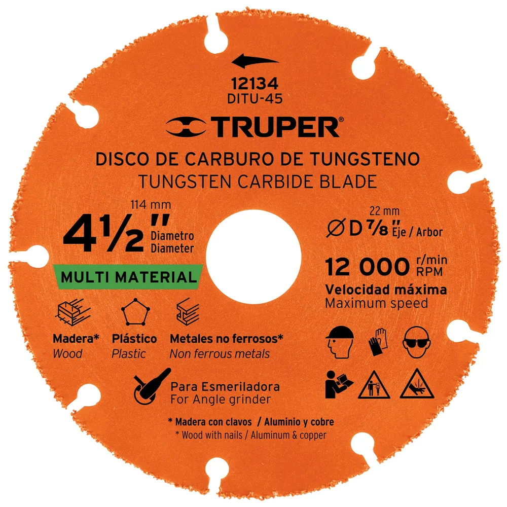 Truper DITU-45 Disco de carburo de Tungsteno 4-1/2', multiusos