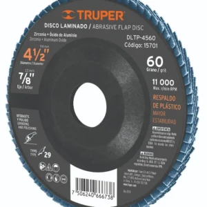 Truper DLTP-4560 Disco laminado respaldo plástico 4-1/2',barreno 7/8'grano 60