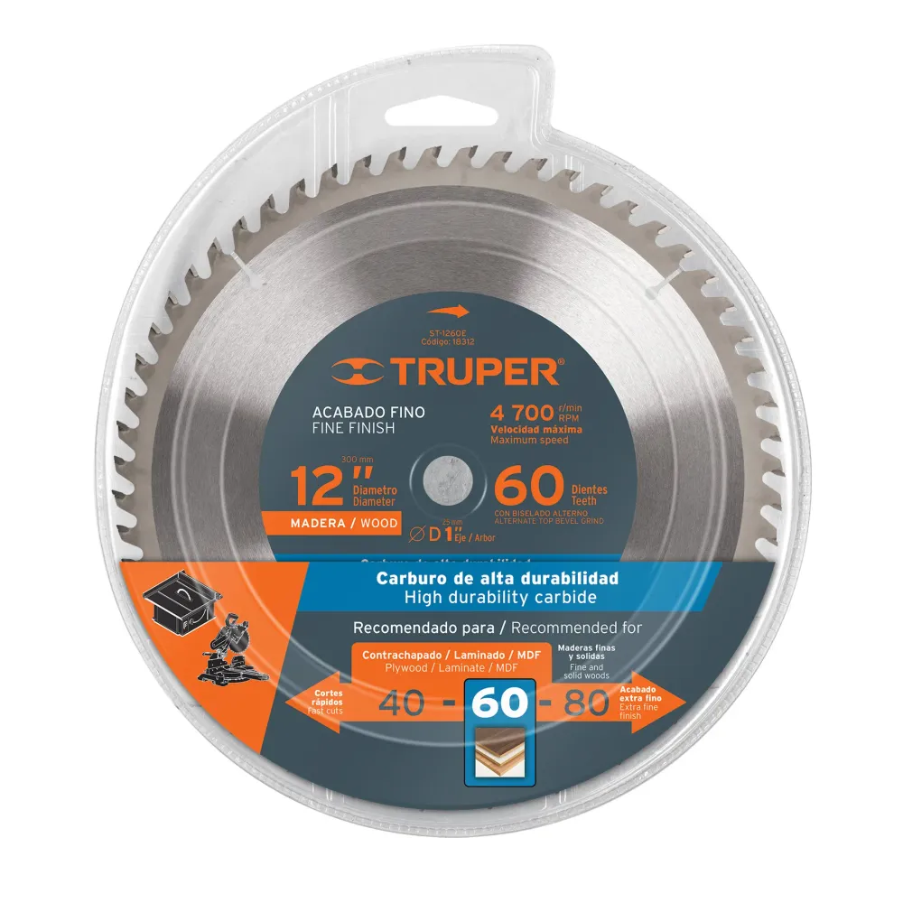 Truper ST-1260E Disco sierra p/madera 12', 60 dientes, centro 1'