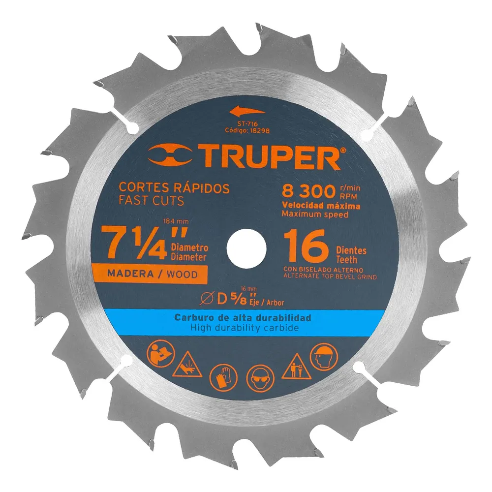 Truper ST-716 Disco sierra 7- 1/4' para madera, 16 dientes centro 5/8'