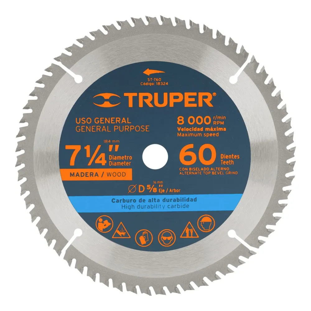 Truper ST-760 Disco sierra 7- 1/4' para madera, 60 dientes centro 5/8'
