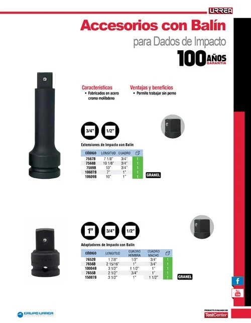 Adaptador con barreno pasado para dado de impacto cuadro de 3/4" hembra 1" macho Urrea