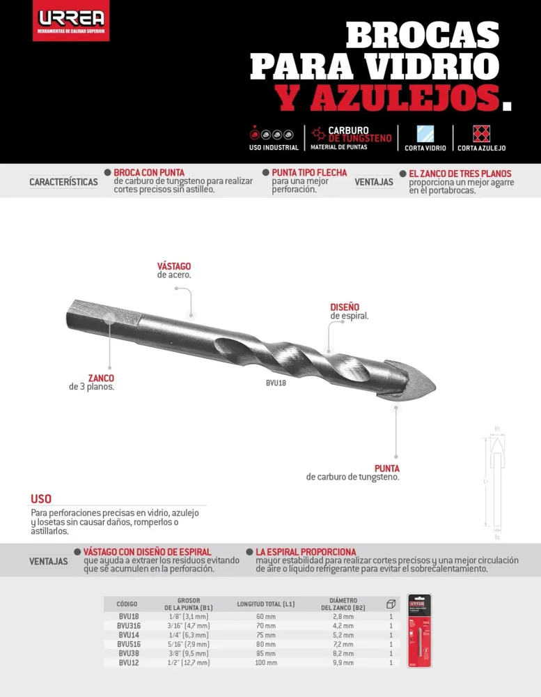 Broca para vidrios y azulejos de acero con cabeza de carburo de tungsteno 1/4" Urrea
