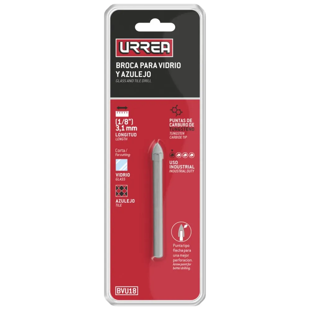 Broca para vidrios y azulejos de acero con cabeza de carburo de tungsteno 1/4" Urrea