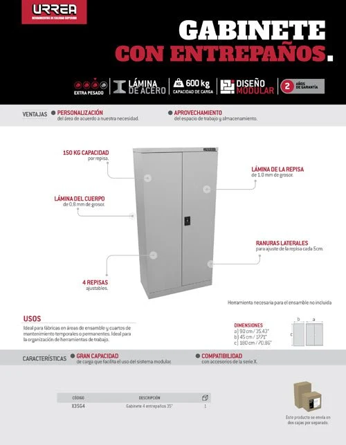 Gabinete modular 4 entrepaños 35" serie X Urrea