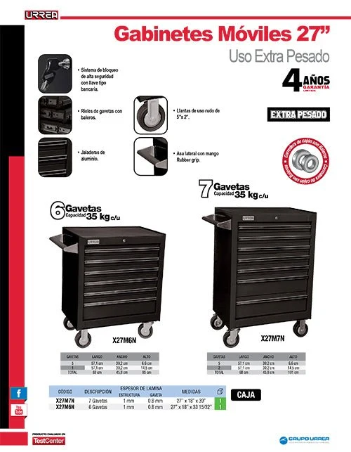 Gabinete móvil 7 gavetas 27" azul serie X Urrea