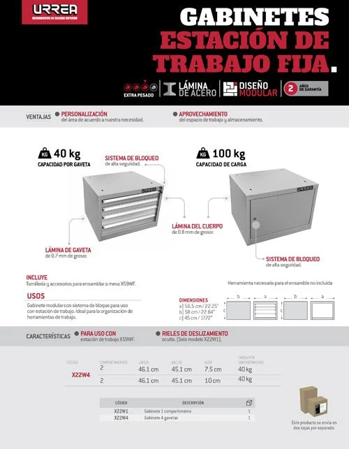 Gabinete para estación de trabajo 4 gavetas 22" serie X Urrea