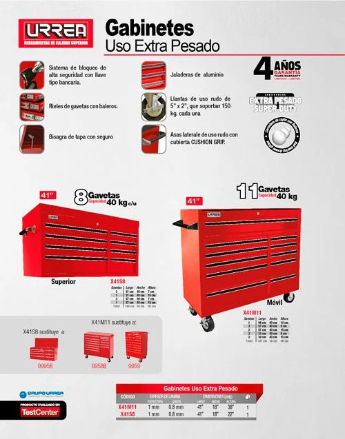 Gabinete superior 8 gavetas 41" serie X Urrea
