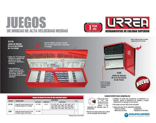 Juego de 115 brocas negras de acero de alta velocidad zanco recto Urrea