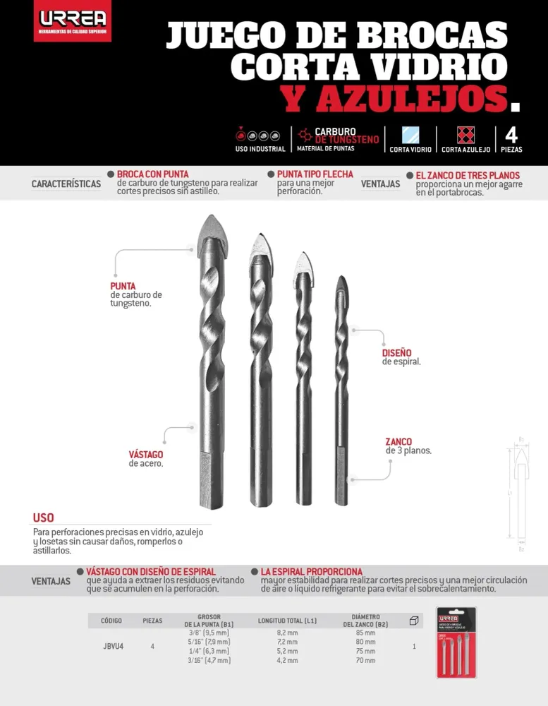 Juego de brocas para vidrios y azulejos, 4 piezas Urrea