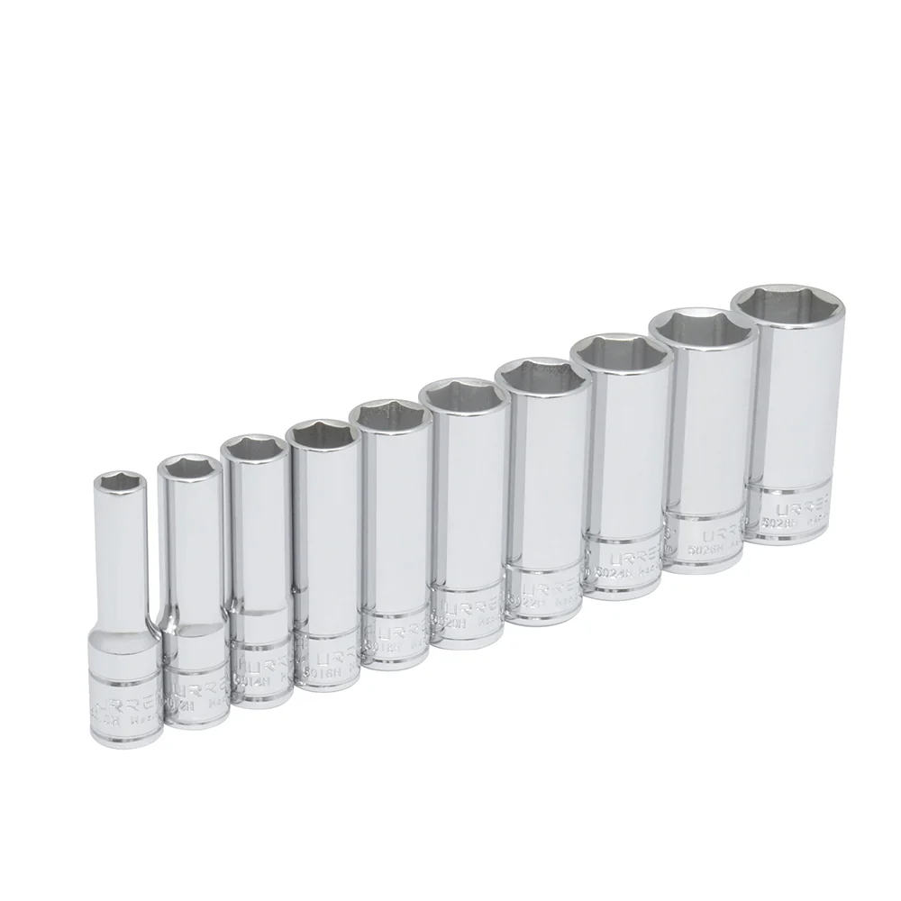 Juego de dados largos cuadro de 3/8", 6 puntas, en pulgadas, 10 piezas Urrea