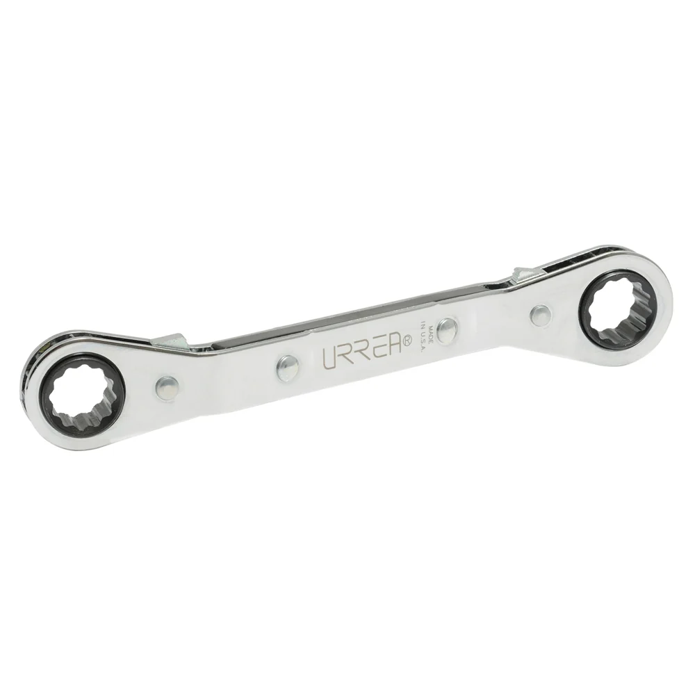 Llave de estrías pulido espejo acodada de matraca en pulgadas, 12 puntas, 3/8" x 7/16" Urrea