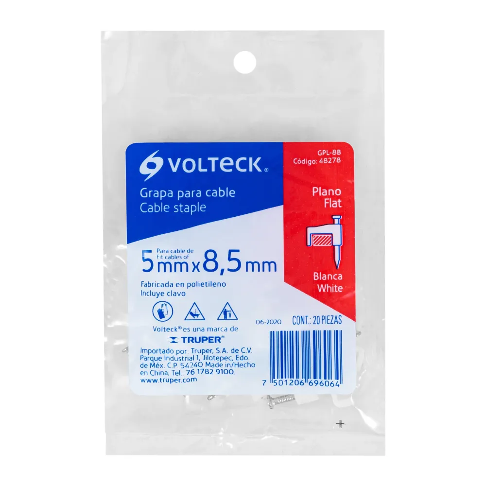 Bolsa con 20 grapas blancas de 5 x 8.5 mm para cable plano Volteck