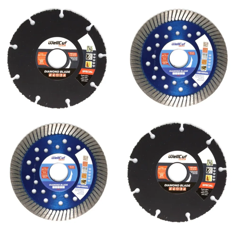 Juego de discos de corte diamantados WellCut 115x22,2mm con 2x Special (334 - 115 / 22) + 2x Universal turbo (888 - 115 / 22)