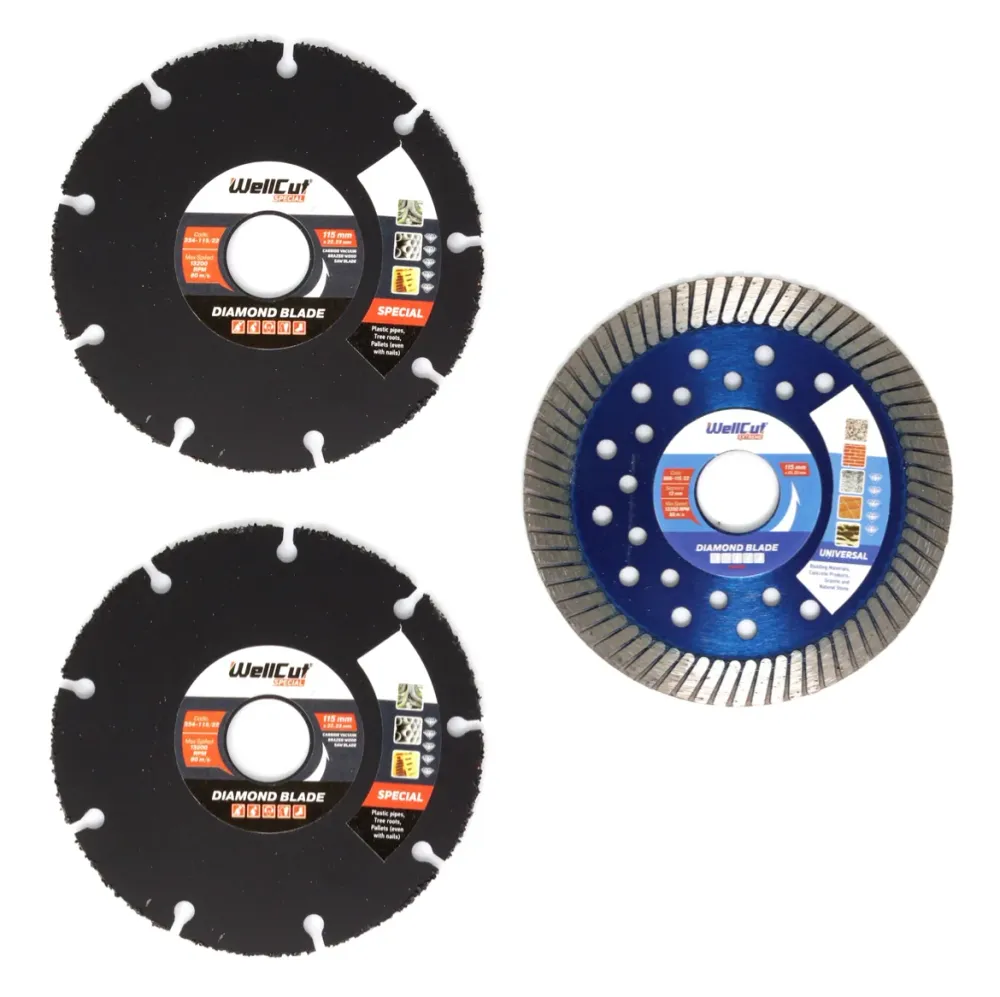 Juego de discos de corte diamantados WellCut 115x22,2mm con 2x Special (334 - 115 / 22) + Universal turbo (888 - 115 / 22)